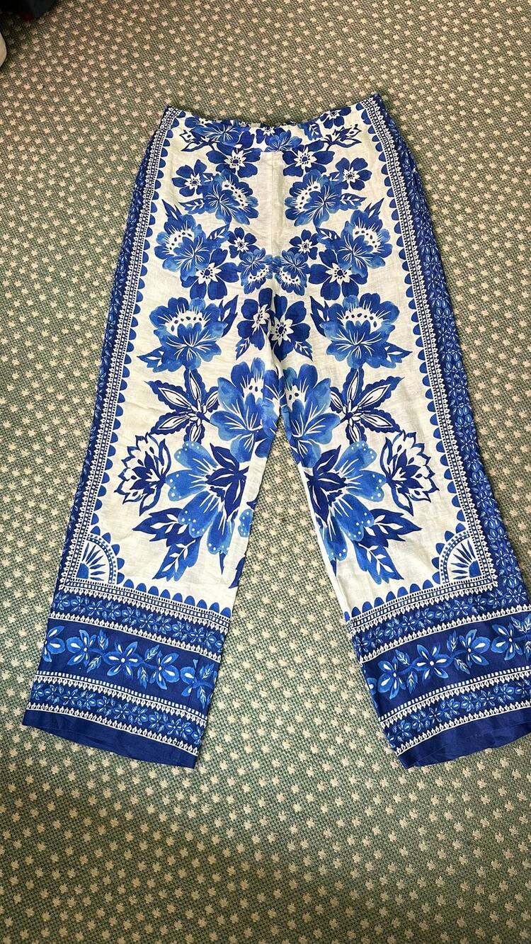 Magaschoni 100% Linen Blue & White Floral Wide Leg Pants Sz L